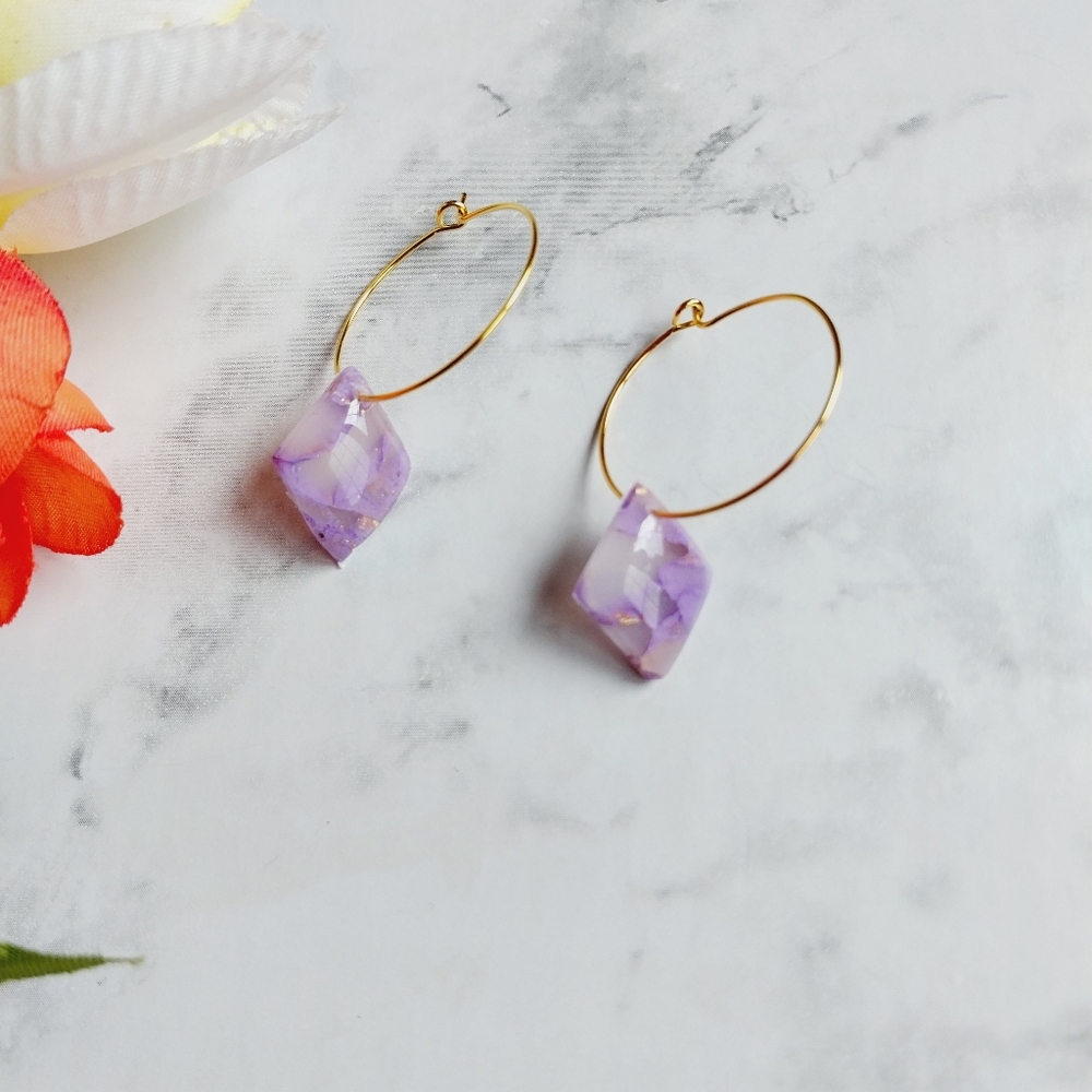 OpalGlaze Clay Purple Translucent Hoops Hand crafted Earrings.